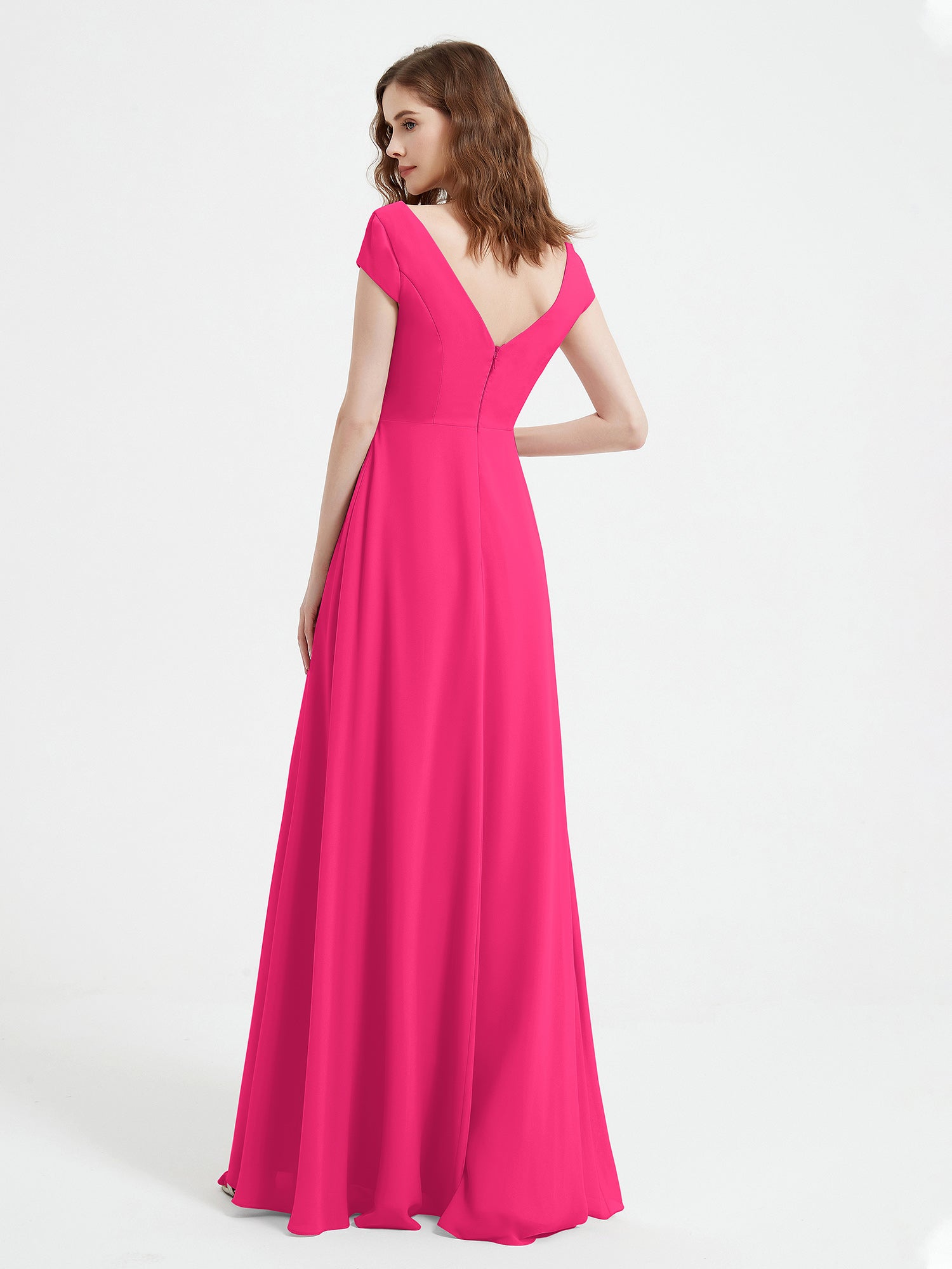 A-line V-neck Chiffon Ruched Floor-length Dress Fuchsia